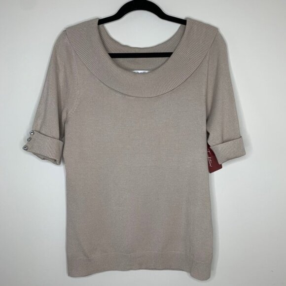 Tradition Women's Cowl Neck Sweater Top 3/4 Length Sleeve Stretch Taupe y2k - Picture 6 of 16